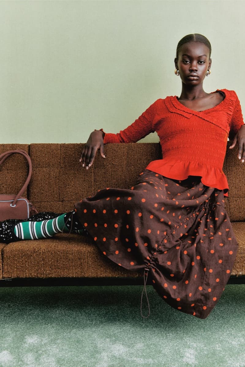 damson madder, polka dots, denim, models, lying down, sofa 