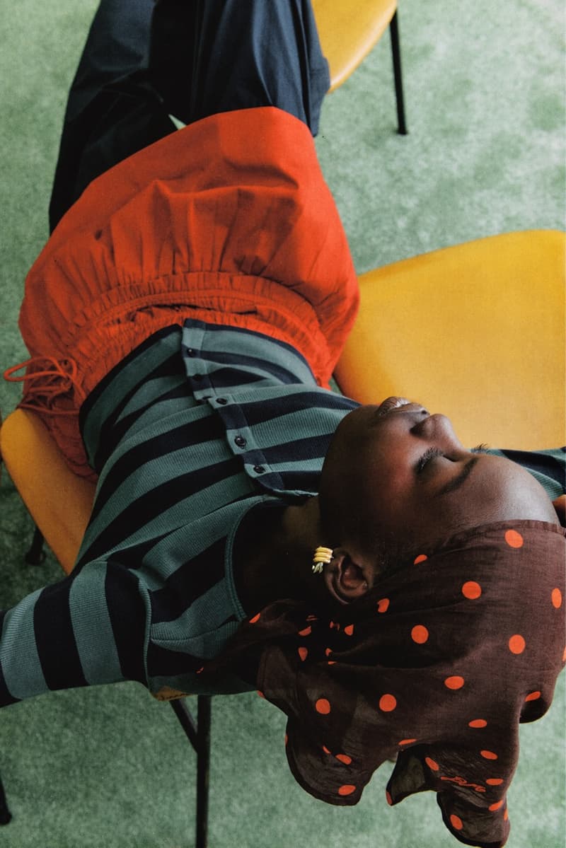 damson madder, polka dots, denim, models, lying down, sofa 