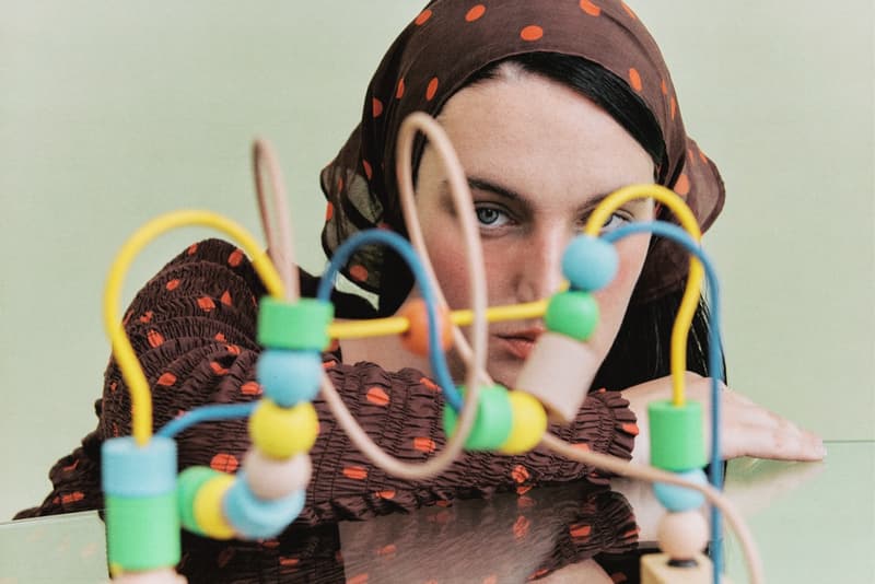 damson madder, polka dots, denim, models, lying down, sofa 