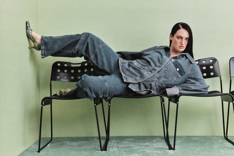 damson madder, polka dots, denim, models, lying down, sofa 