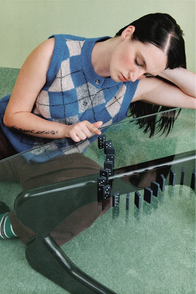 damson madder, polka dots, denim, models, lying down, sofa 