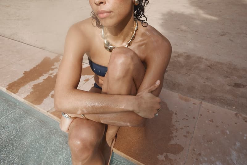 pilgrim jewelry, girls, beach, pool, bikini, gold pendant, silver, earrings, swimwear, sofa, lounging