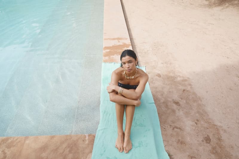 pilgrim jewelry, girls, beach, pool, bikini, gold pendant, silver, earrings, swimwear, sofa, lounging