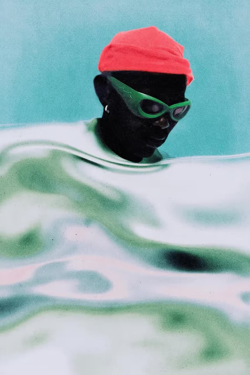 justin bieber, skylrk, green sunglasses, blue slides, puffy, red hat, accessories