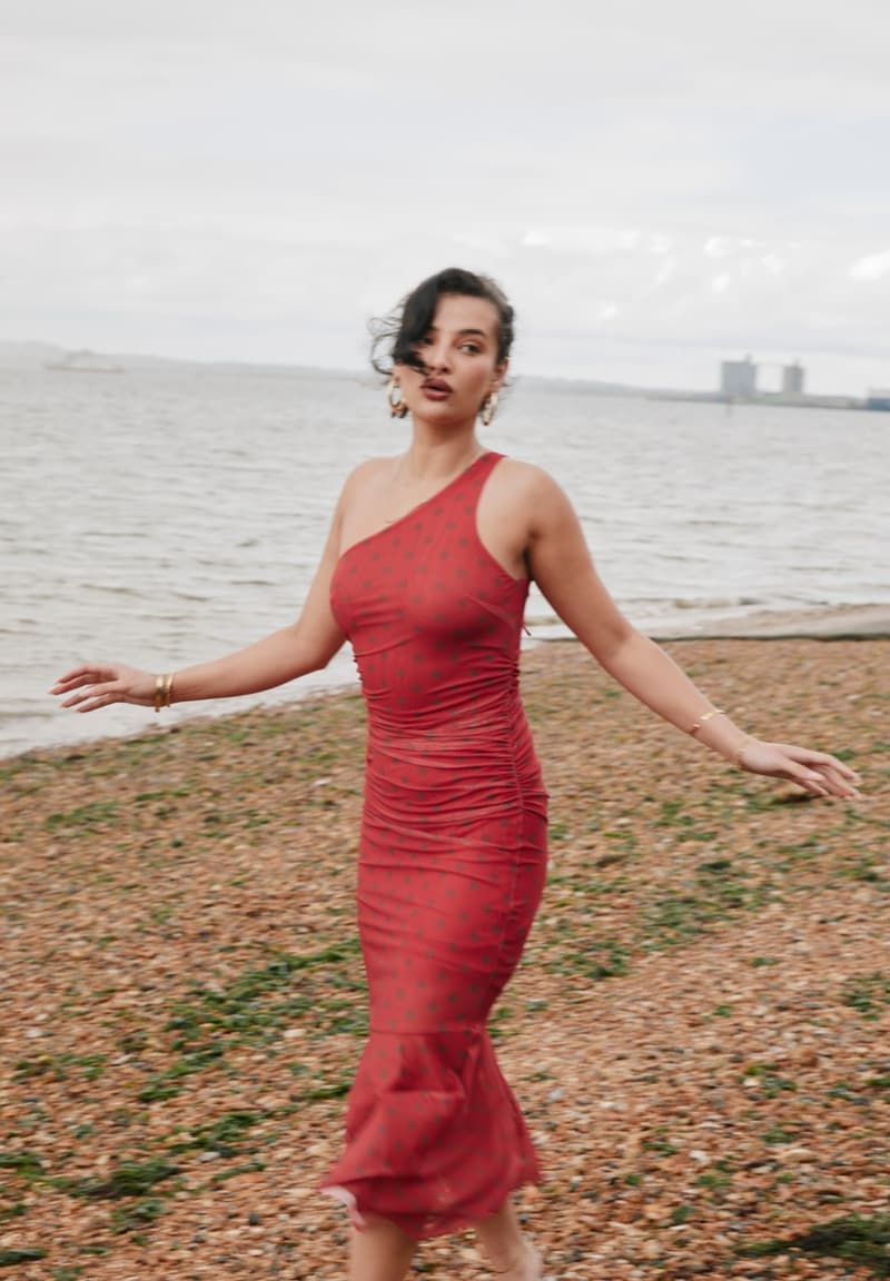 house of sunny, leopard print dress, polka dot top, slinky dresses, woman, beach, sheer top