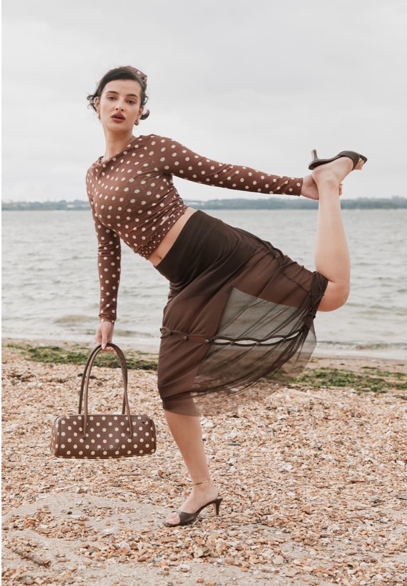 house of sunny, leopard print dress, polka dot top, slinky dresses, woman, beach, sheer top