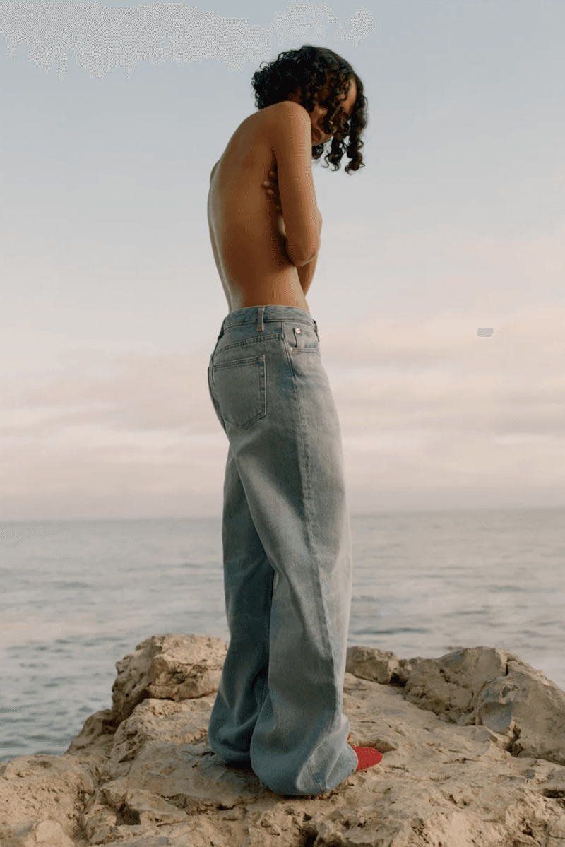 apc, woman, denim, topless, summer, jelly shoes, ballet flats,