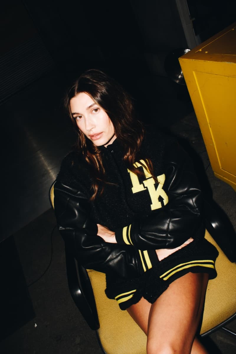 hailey bieber, dkny, varsity jacket, yellow, denim, jeans, jackets