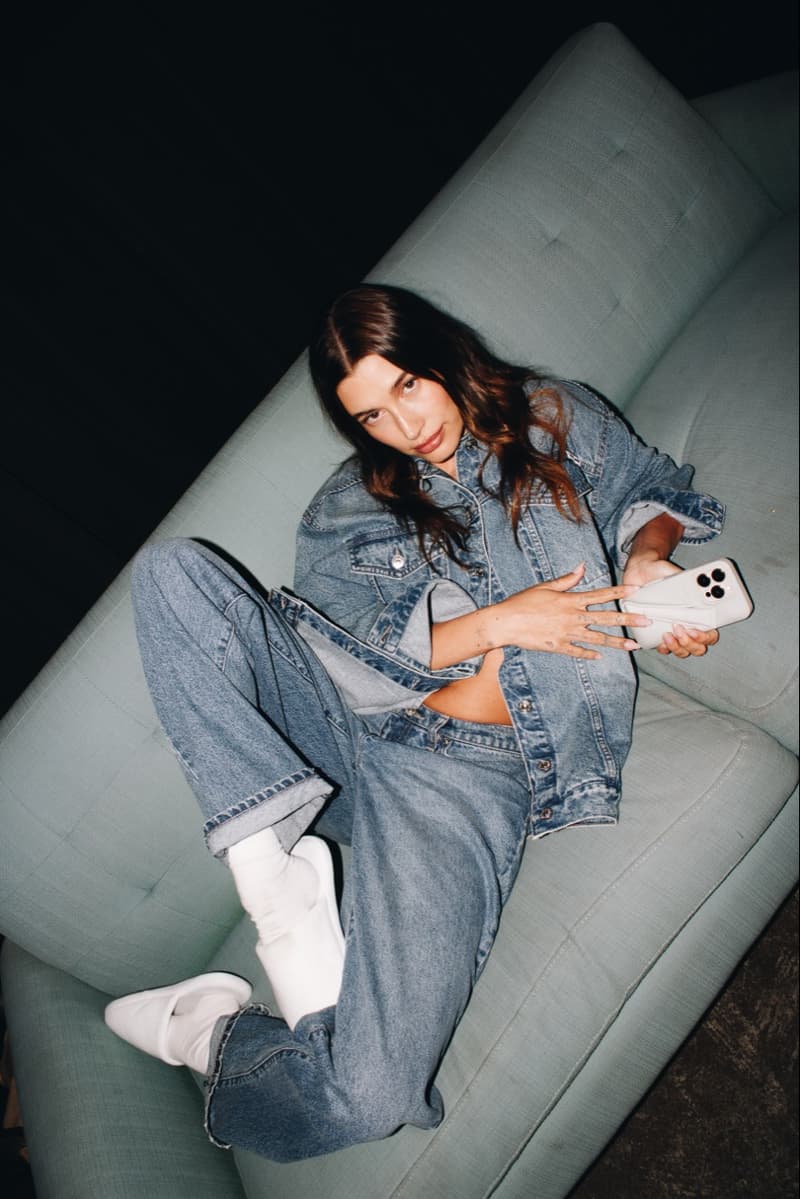 hailey bieber, dkny, varsity jacket, yellow, denim, jeans, jackets