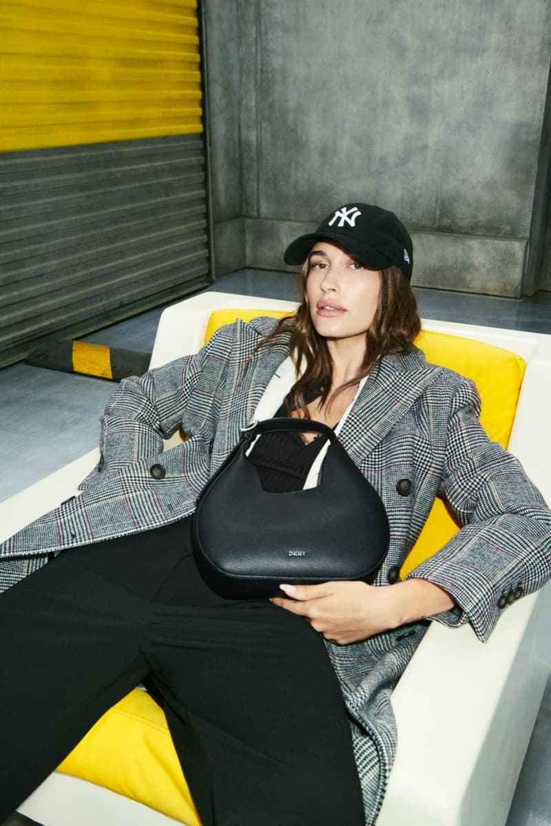 hailey bieber, dkny, varsity jacket, yellow, denim, jeans, jackets