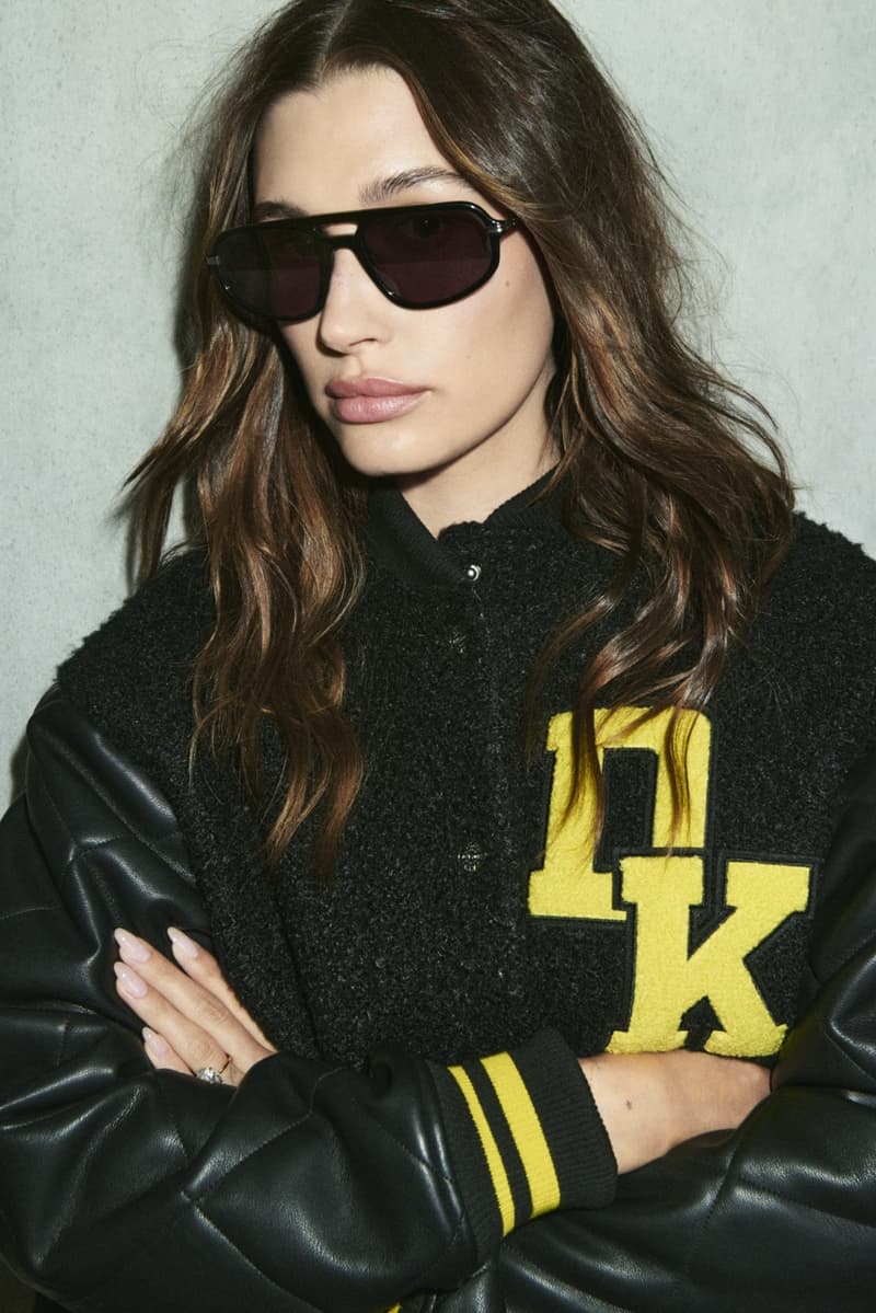 hailey bieber, dkny, varsity jacket, yellow, denim, jeans, jackets