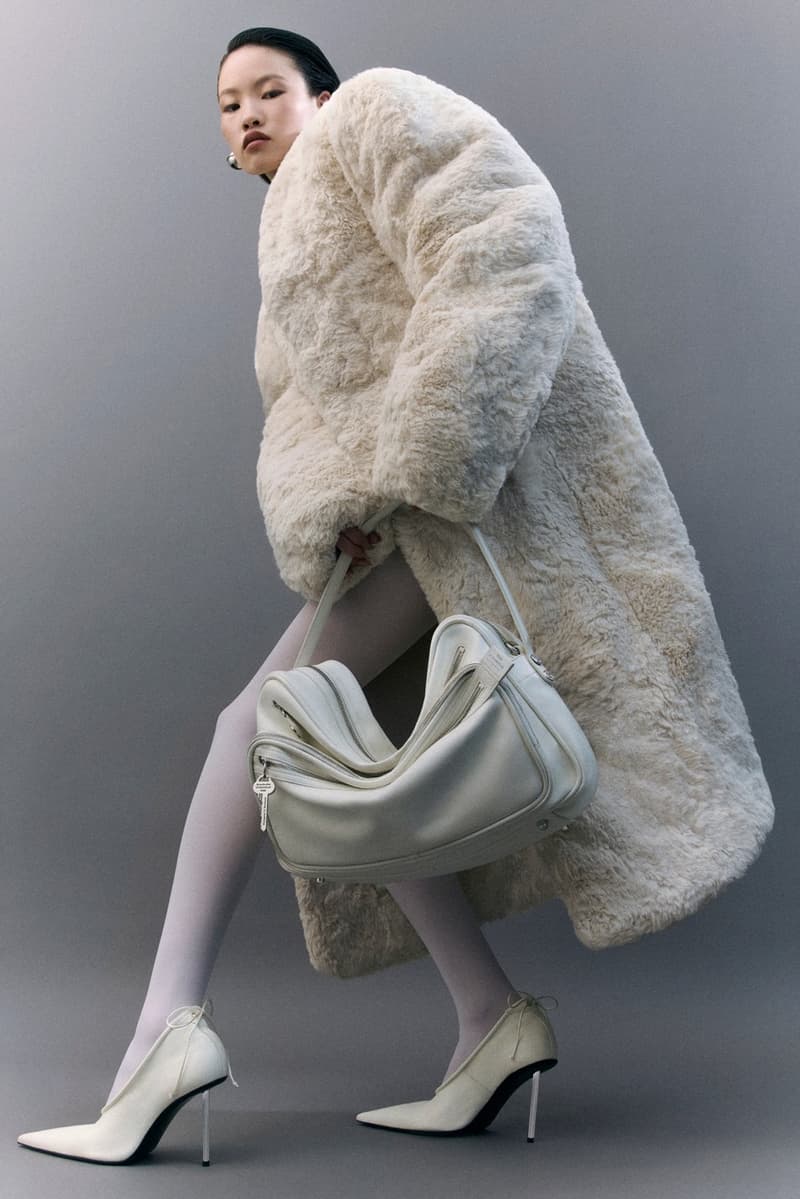 acne studios, camero bag, red leather, woman, model, tights, body