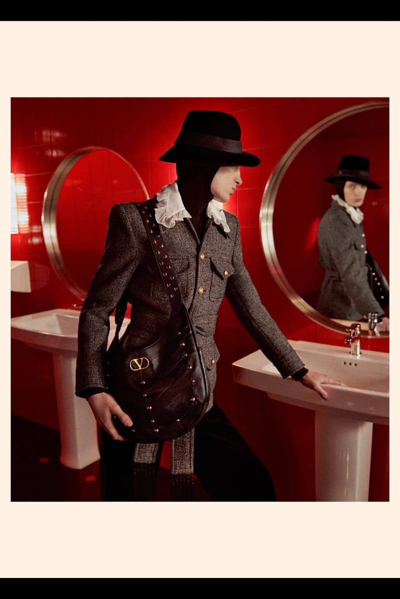 clairo, valentino, fall winter, lace, red bathroom, woman, hats, sheer bodysuit