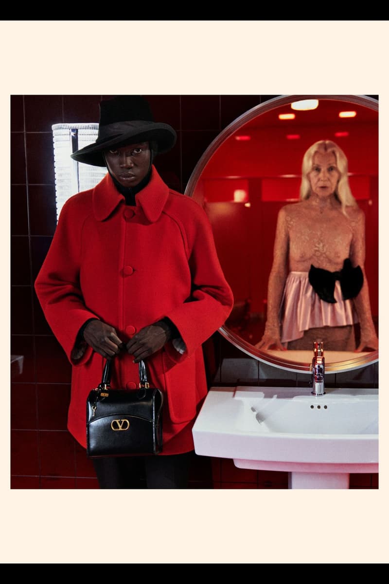 clairo, valentino, fall winter, lace, red bathroom, woman, hats, sheer bodysuit