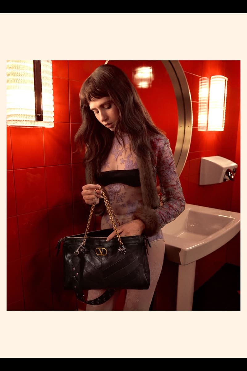 clairo, valentino, fall winter, lace, red bathroom, woman, hats, sheer bodysuit