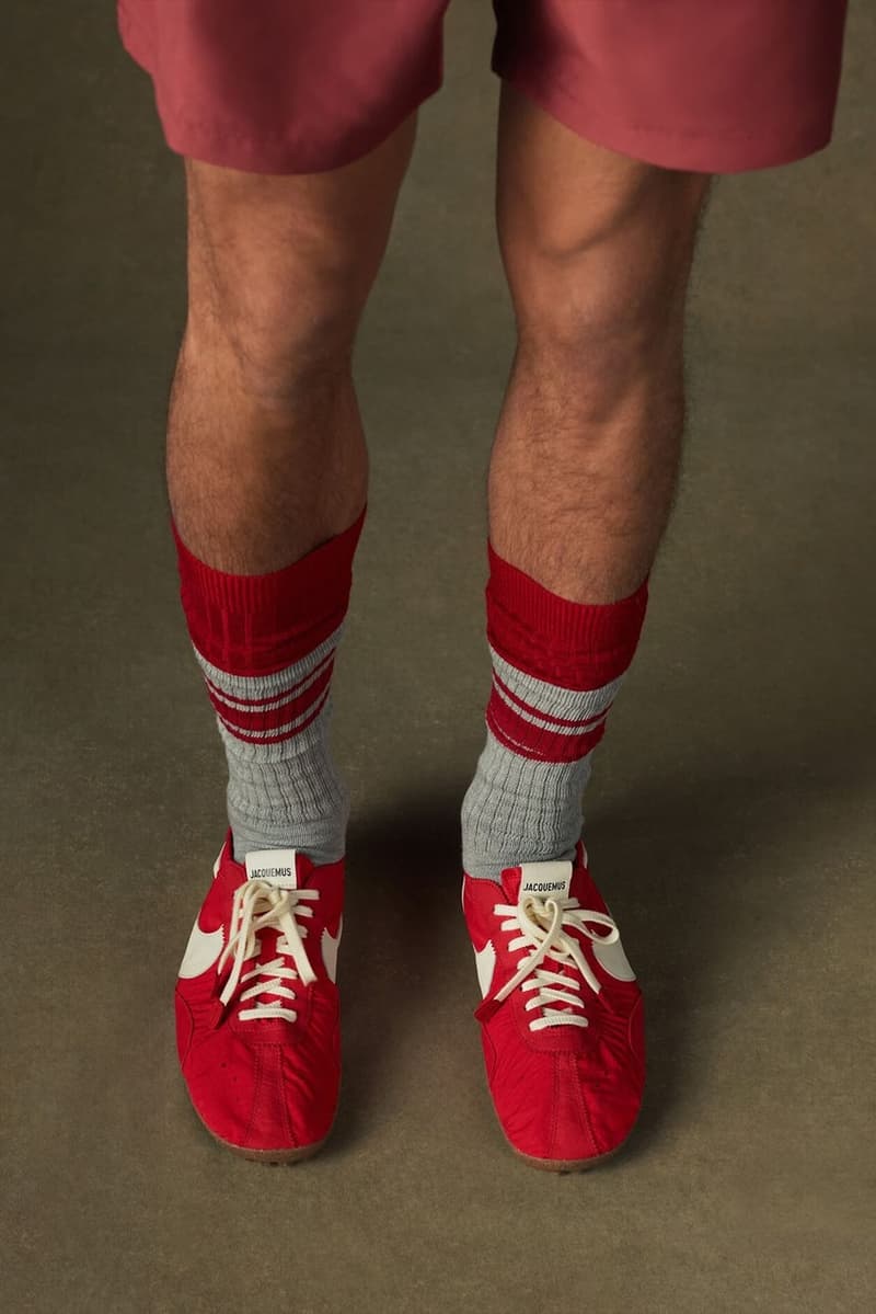 jacquemus, nike, sneakers, moon shoes, red, black, cream, swoosh, socks