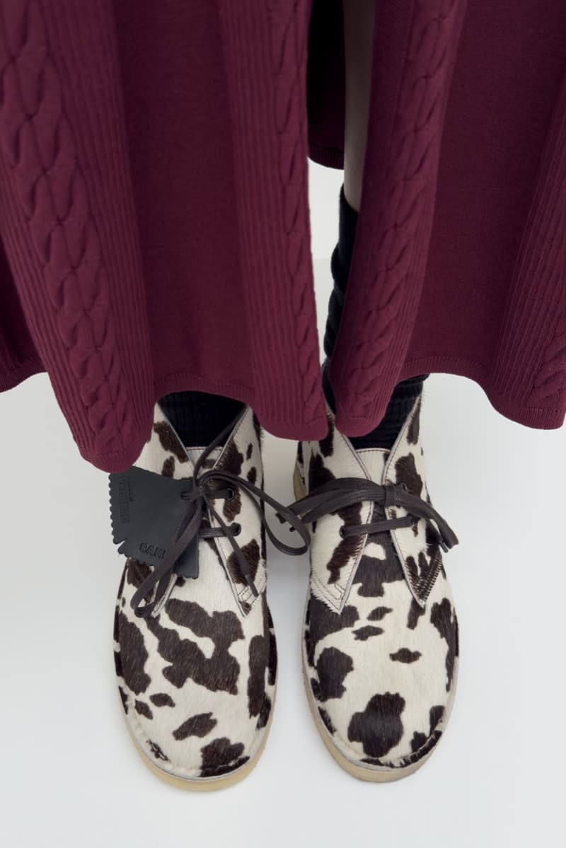 sandro, clarks, pony hair wallabee, furry desert boot, cow print boots