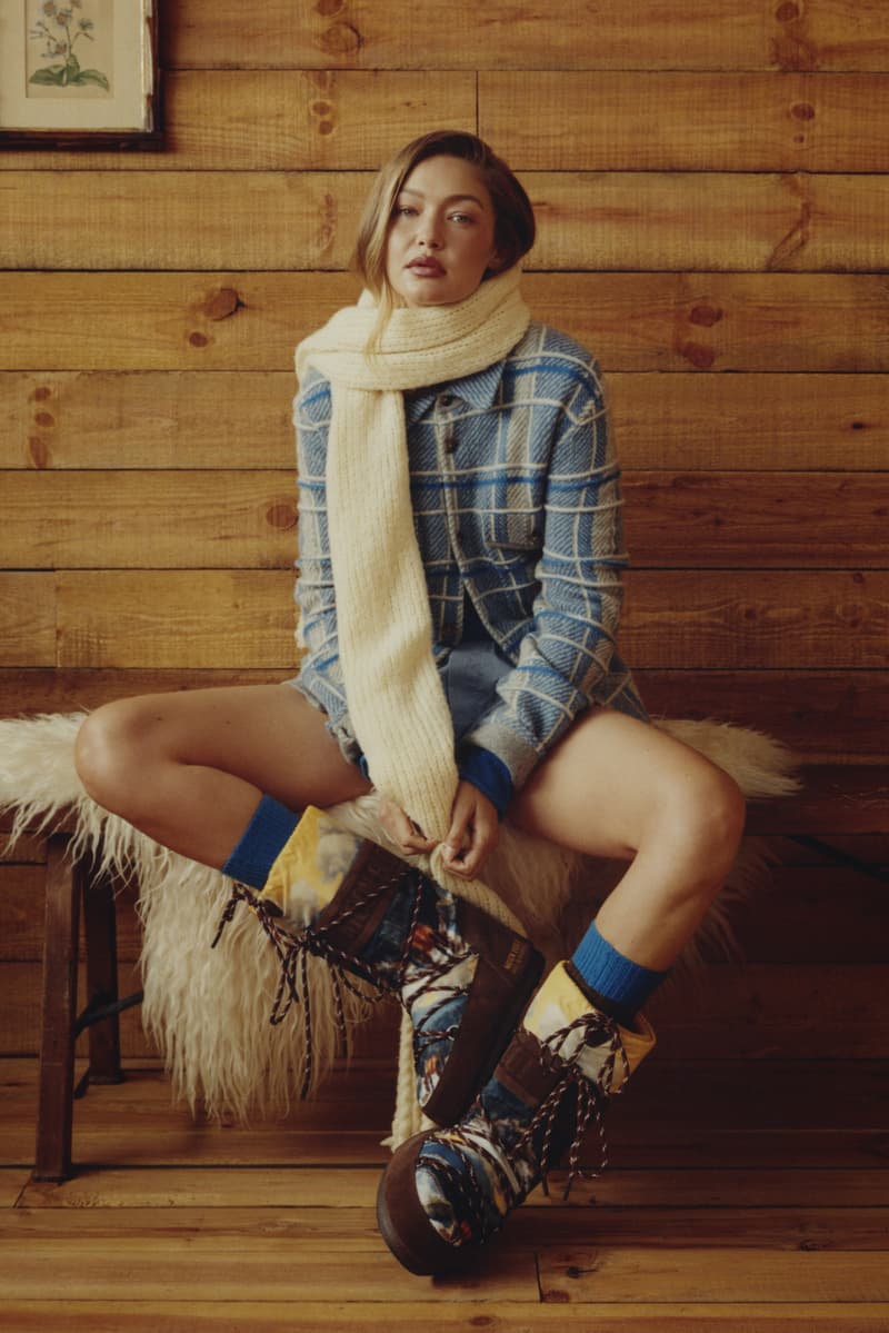 gigi hadid, moon boot, guest in residence, ski boots, snow, leggings, cozy