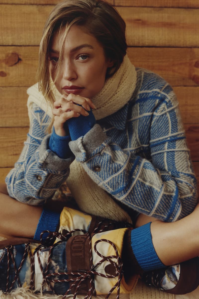 gigi hadid, moon boot, guest in residence, ski boots, snow, leggings, cozy