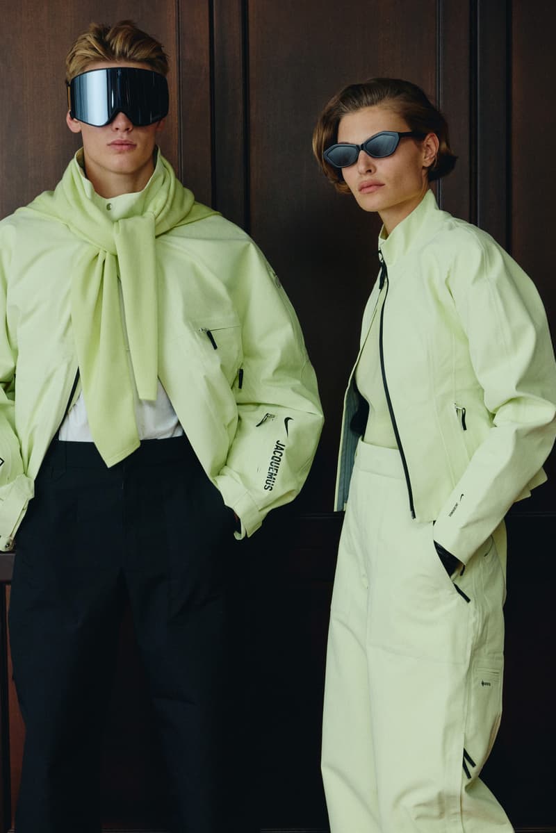 jacquemus, nike, ski collection, snow, slopes, mountain, green jacket, glasses, goggles