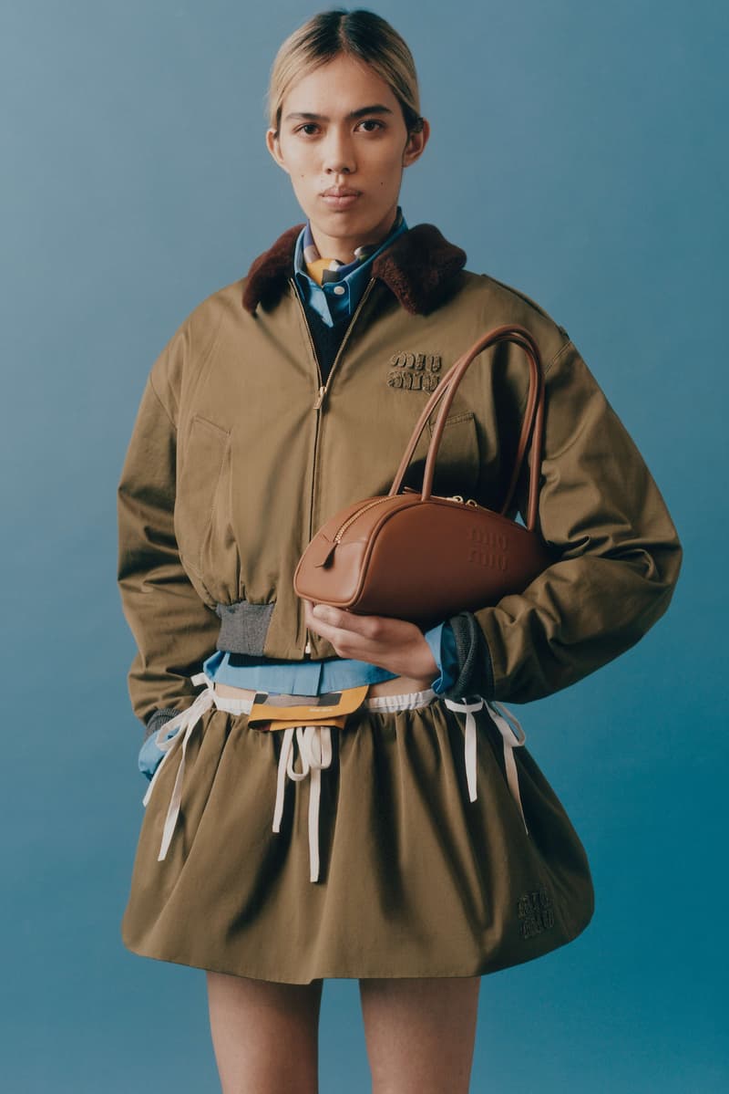 miu miu, layering, jackets, bowler bags, suede shoes, sneakers, models, lookbook, blue background