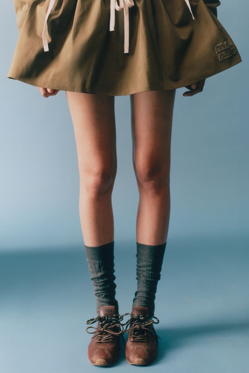 miu miu, layering, jackets, bowler bags, suede shoes, sneakers, models, lookbook, blue background