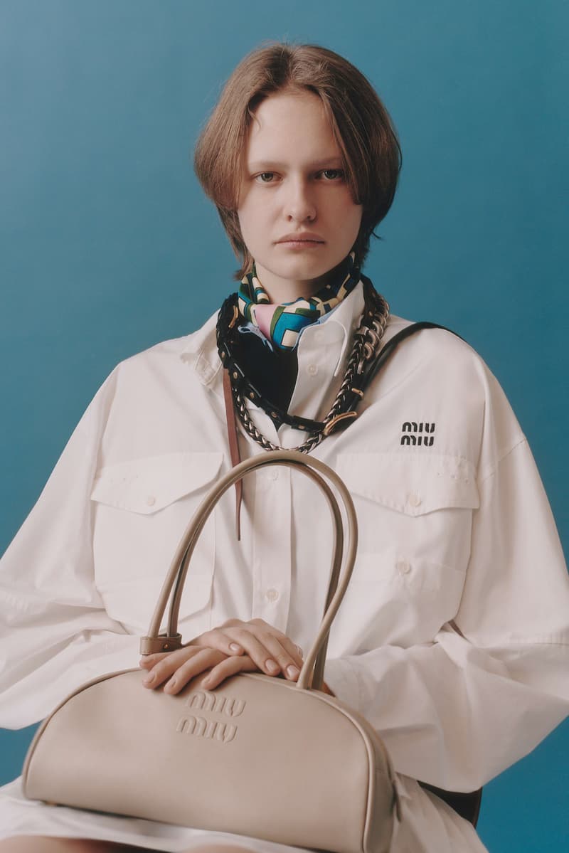 miu miu, layering, jackets, bowler bags, suede shoes, sneakers, models, lookbook, blue background