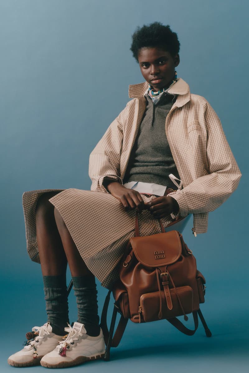 miu miu, layering, jackets, bowler bags, suede shoes, sneakers, models, lookbook, blue background