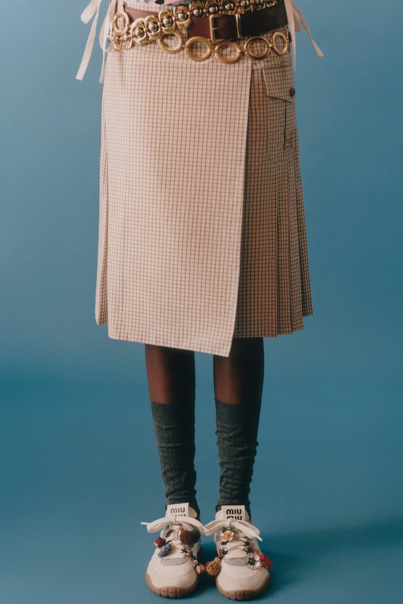 miu miu, layering, jackets, bowler bags, suede shoes, sneakers, models, lookbook, blue background