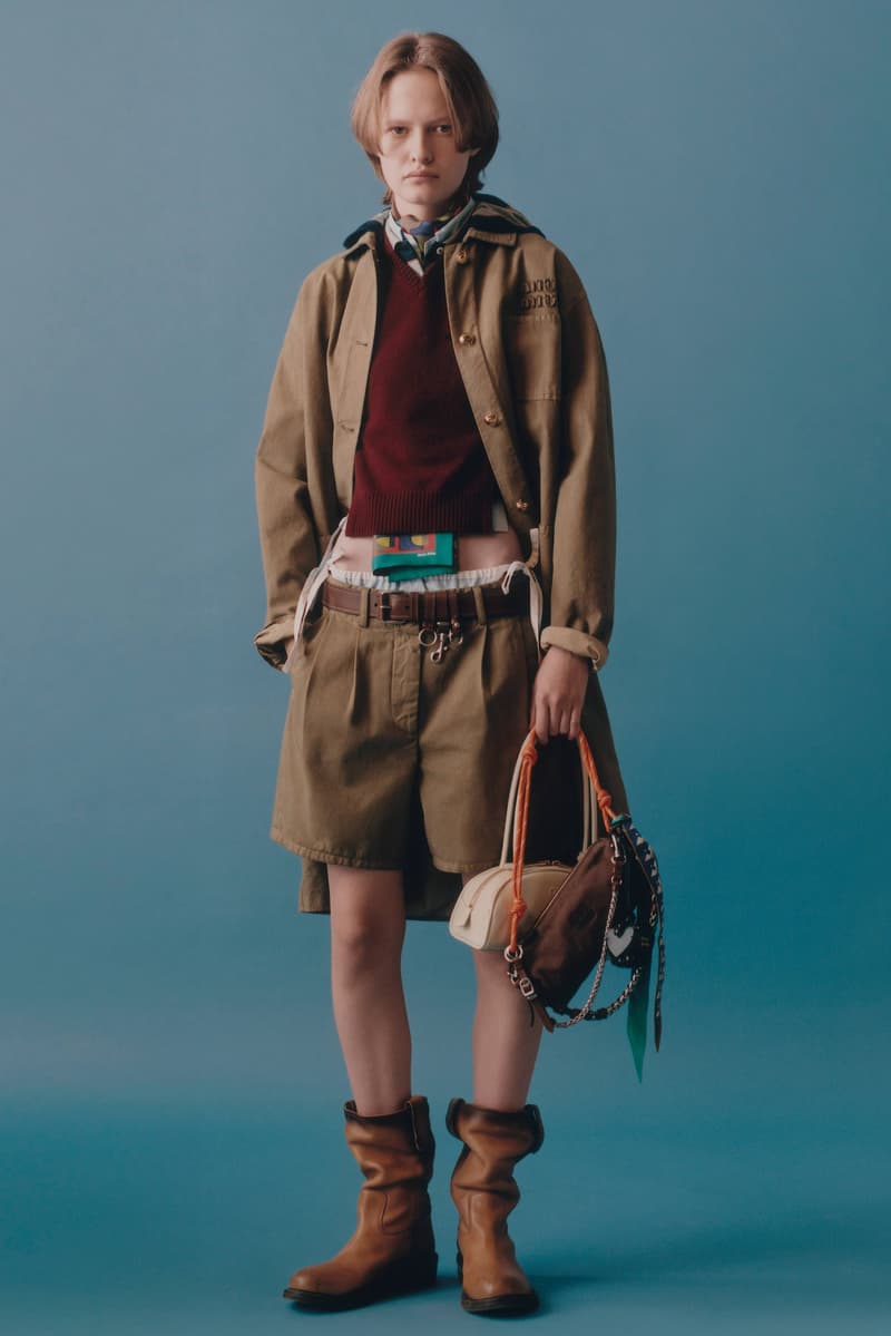 miu miu, layering, jackets, bowler bags, suede shoes, sneakers, models, lookbook, blue background