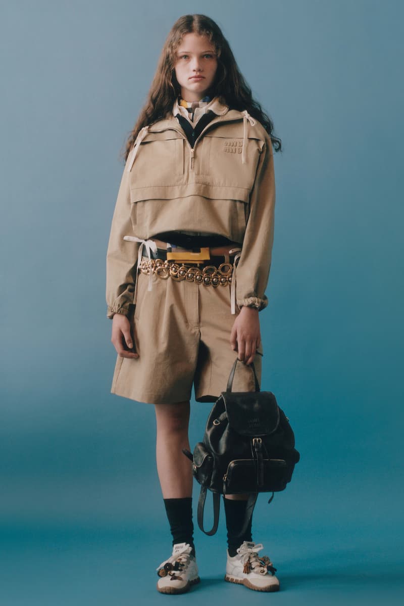 miu miu, layering, jackets, bowler bags, suede shoes, sneakers, models, lookbook, blue background