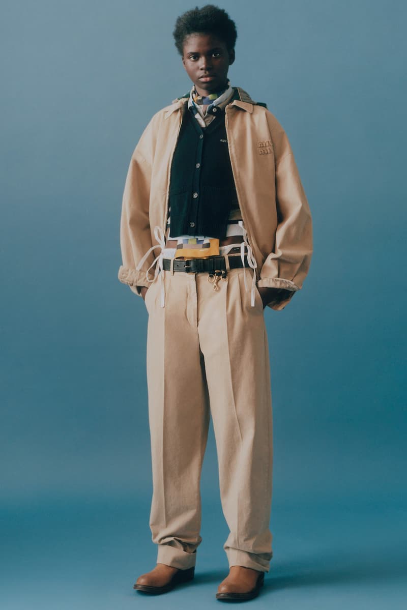 miu miu, layering, jackets, bowler bags, suede shoes, sneakers, models, lookbook, blue background