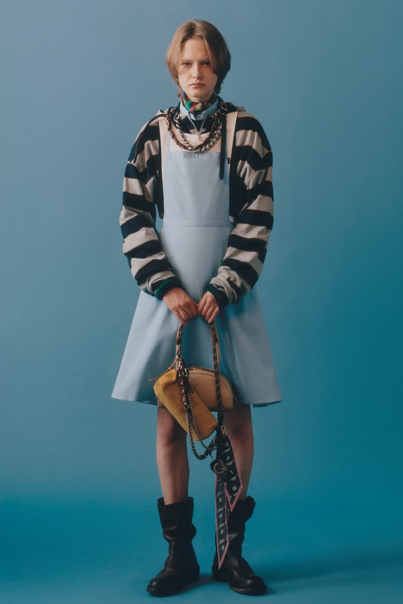 miu miu, layering, jackets, bowler bags, suede shoes, sneakers, models, lookbook, blue background