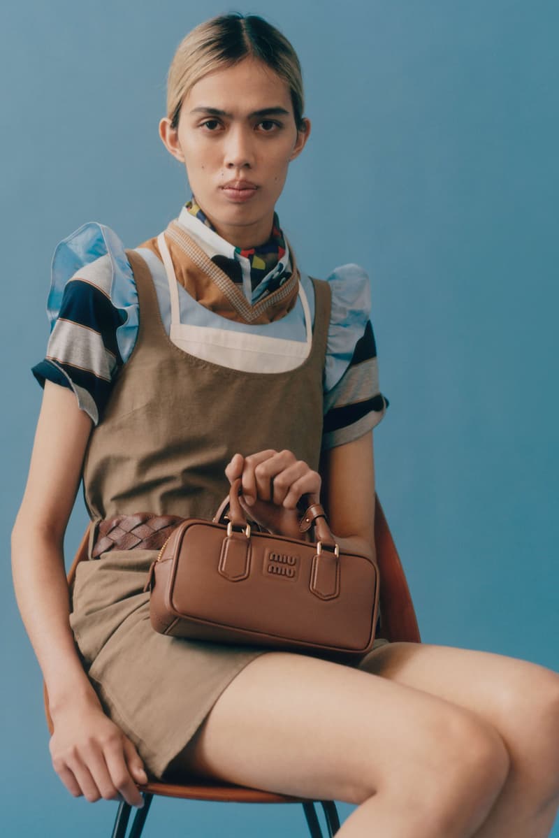 miu miu, layering, jackets, bowler bags, suede shoes, sneakers, models, lookbook, blue background