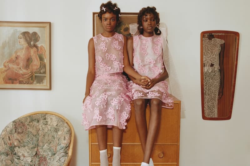 cecilie bahnsen, dresses, blue back drop, black women, hair bows, pink dress, cardigan