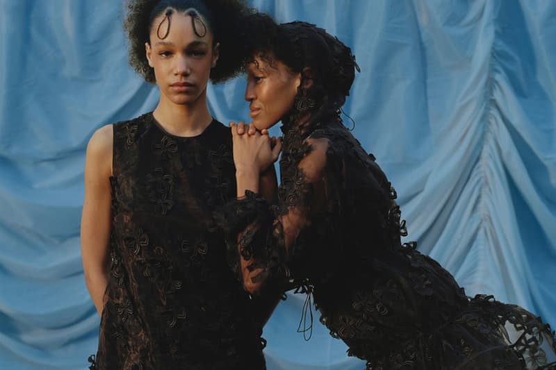 cecilie bahnsen, dresses, blue back drop, black women, hair bows, pink dress, cardigan