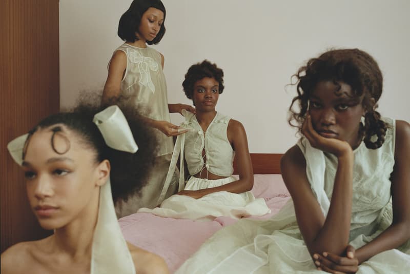 cecilie bahnsen, dresses, blue back drop, black women, hair bows, pink dress, cardigan