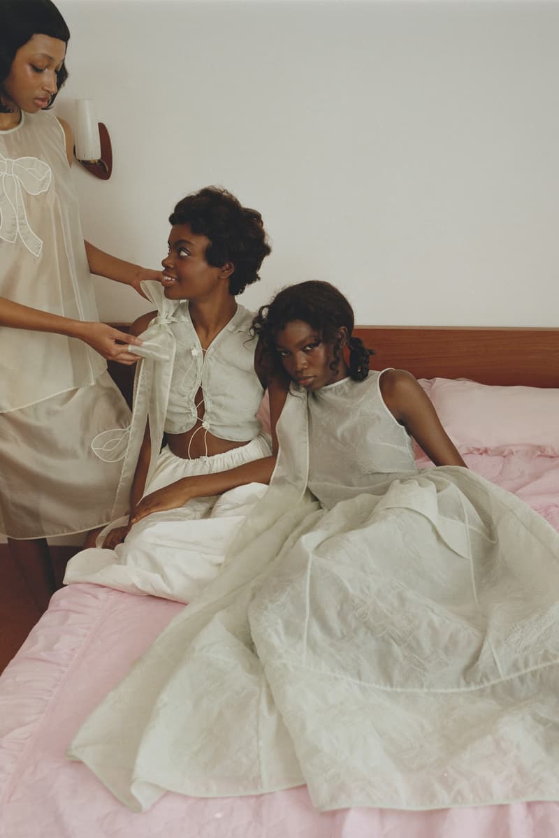 cecilie bahnsen, dresses, blue back drop, black women, hair bows, pink dress, cardigan