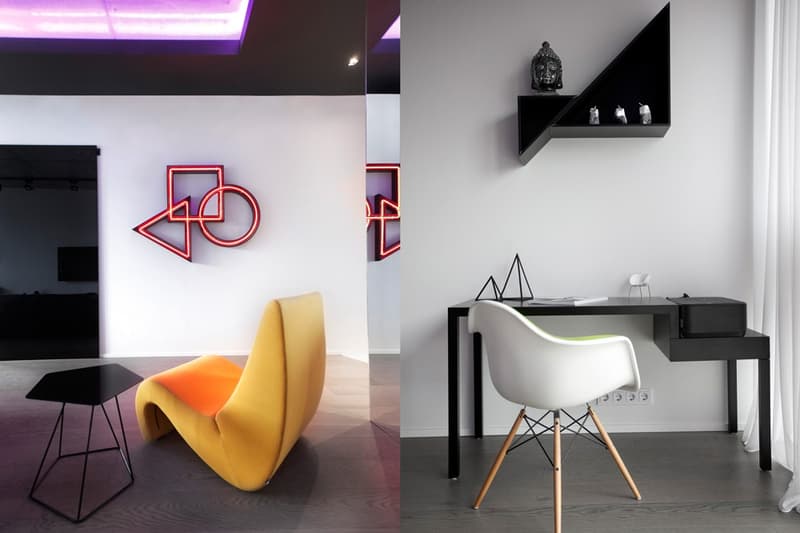 ライトで大きく表情を変える白黒のアパートメント