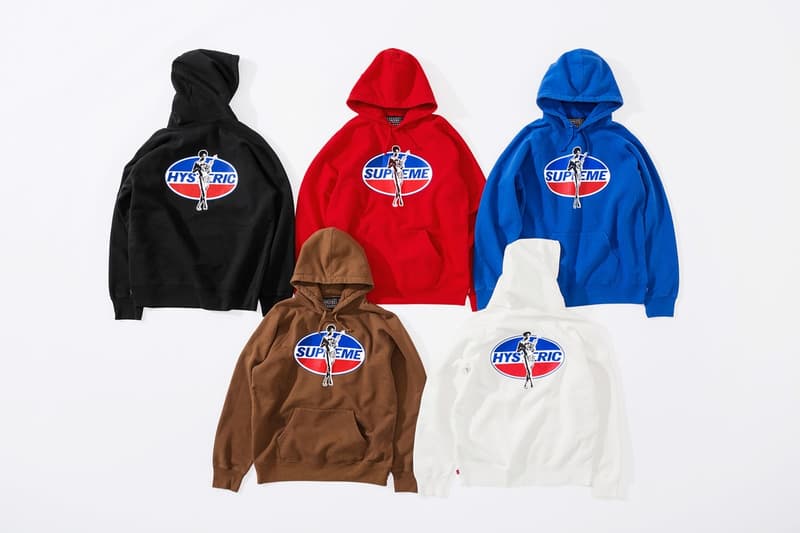 Supreme x HYSTERIC GLAMOUR コラボコレクション アイテム一覧 互いにカルチャーへと深く精通する両者の世界観を色濃く反映したアパレル＆アクセサリーをまとめてチェック コート フーディ Tシャツ ワークシャツ キャップ ビーニー ニット帽 クッション 布団  ベルト
