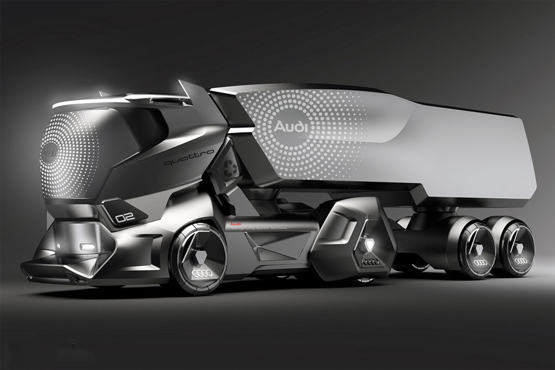 イギリス発の自動車デザイナーが Tesla Semi を上回る近未来的なトラックをデザイン 「Audi」をテーマに空想の世界で創り上げた“何とも意味のない1台”が完成 EVトラック Tesla Semi Tesla テスラ Audi アウディ Jeremy Dodd ジェレミー・ドッド アンオフィシャル 非公式 Mercedes-Benz メルセデス・ベンツ ラグジュアリーカー TOP5 HYPEBEAST ハイプビースト