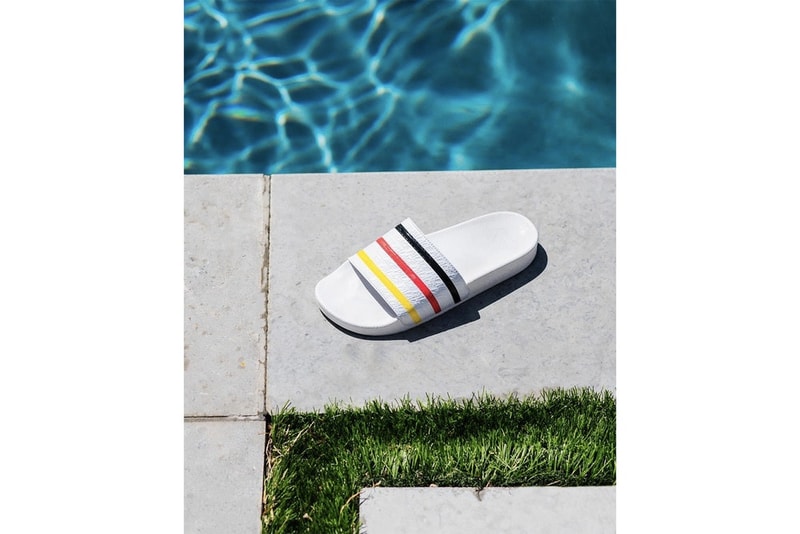 Palace x adidas Originals 2018年サマーコレクションよりコラボ Adilette が登場 夏気分を先取るフレッシュなスライドサンダルが遂にベールを脱ぐ ティーザー画像 adidas Originals アディダス オリジナルス Palace パレス ビーチタオル ドイツ国旗 Adilette アディレッタ エンボス加工 ブランディング 4月27日（現地時間） ロンドン ニューヨーク オンラインストア HYPEBEAST ハイプビースト