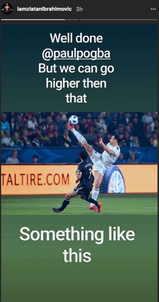 ポグバからの SNS 経由の挑発にイブラヒモビッチが我流のリアクションで返答 「あんたは足を高く上げられるのは自分だけだと思っているだろ」とのメッセージにイブラ兄貴は…… 36歳になった現在もトップレベルのプレーを続ける超人、Zlatan Ibrahimovic（ズラタン・イブラヒモビッチ）は、今季より活躍の場をMLSに移している。だが、怪我に悩まされたものの、マンチェスター・ユナイテッドで過ごした2年間は非常に濃密であり、チームメイトとは今なお友好な関係を継続しているようだ。その中でも、年齢が10個以上離れているPaul Pogba（ポール・ポグバ）との関係性は、兄貴と弟分というほど親密なものだった。  そのPogbaが彼への恋しさからだろうか、アメリカにいるサッカー界の王様にInstagramで“ちょっかい”を出した。フットボールファンであればIbrahimovicがテコンドーの有段者であり、その経験を活かして度々アクロバットなプレーを披露してきたことはご存知のことだろう。Pogbaはこれをネタにして自分がサンドバックにハイキックを入れる動画を投稿し、「Zlatan、あんたは足を高く上げられるのは自分だけだと思っているだろ」と挑発。だが、さすがはZlatan兄貴である。スウェーデン代表の最多得点記録保持者は「いい感じだな、@paulpogba。だが、もっと高く上がるだろ。こんな感じでな」とコメントを添えて、ストーリーに以下の画像を投稿。どうやらイブラカタブラからしたら、Pogbaのハイキックはまだまだだったようだ。  そんなIbrahimovicと言えば、ロシアW杯に向けて代表復帰を示唆する衝撃発言が飛び出したばかりだが、真相はいかに……。