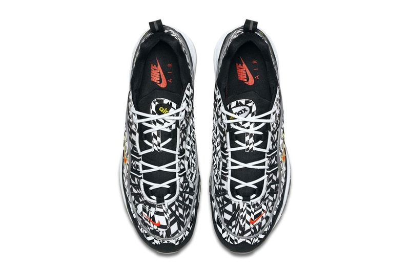 Nike より強烈な総柄プリントを採用した Air Max 98 “AOP” パックが登場 幾何学模様とカモ柄の個性豊かな2パターンがラインアップ スニーカーブームも一段落した90年代後半に登場したAir Max 98は、伝説のAir Max 95の生みの親、Sergio Lozano（セルジオ・ロザーノ）によって生み出されたシューズであるが、本モデルはそのアッパーのデザインや構成から、前年に発売された兄貴分のAir Max 97と比べるとカラフルで派手めの配色や素材を用いてリリースされる傾向にある。今回発表された“AOP(All-Over Print) ”パックでもその特徴が全面に出されている。  ブラック/ホワイトは〈ACRONYM®（アクロニウム）〉のAir VaporMax Moc 2にも通ずる幾何学模様が印象的であるが、ブラックのシュータンとマッドガードを装着することによって実際のデザイン以上に引き締まった印象を与える。一方、カモフラージュモデルは、部位によって異なるトーンのカモ柄がグラデーションのアッパーを構成。こちらのシュータンでも先述の幾何学模様が確認できる。両カラーウェイともにリフレクティブ素材のパイピングがあしらわれ、イエローで縁取りしたオレンジの小さなスウッシュを刺繍。そして、ソールはシンプルにホワイトのミッドソールに、当時の最先端テクノロジーであったフルレングスのMAX AIRが組み込まれ、アウトソールをブラックで仕上げている。  Air Max 98 “AOL”パックの発売日は5月31日（現地時間）、価格は160ドル（約176,00円）となる模様。上のフォトロールより各カラーウェイをチェックし、国内展開については〈Nike（ナイキ）〉からの続報を待とう。 HYPEBEAST