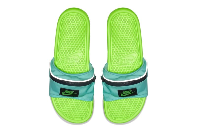 Nike からベルトをまさかのジップ付きのポーチに改良した斬新な Benassi JDI が登場 足元にひとネタ仕込みたいという方は是非 夏になると頭角を表す〈Nike(ナイキ)〉のスライドサンダル、Benassi JDIから斬新すぎる新パッケージが登場。“Fanny Pack”とタイトルでもそのユーモラスなアプローチを宣言している本コレクションは、ブラック/グレーとともに夏に映えるビビッドな配色を採用し、サンダルのベルト部分がジップ付きのポーチへと改良されている。これによりスライドサンダルに若干の機能性が追加されたが、果たしてどのように使うべきなのか。容量を考えても鍵や小銭などが理想的かもしれない。 もし自分がコンビニやビーチサイドなどの店員で、お会計の際に片足立ちをしてサンダルから小銭を取り出すお客さんに遭遇したらと妄想すると……。Benassi JDI “Fanny Pack”は、まもなく〈Nike〉の取扱店舗にデリバリーされるとのこと。足元に小ネタを仕込みたいという方は、ブランドからのアップデートをお見逃しなく。 サンダルをお探しの方は、オリジナルレオパードを落とし込んだ〈SUICOKE(スイコック)〉x〈WACKO MARIA(ワコ マリア)〉のビーチサンダルや、ミリタリーな配色が購買意欲を駆り立てる〈Teva®(テバ)〉と〈PORTER(ポーター)〉のストラップ付きサンダルなどもあわせてチェックしてみてはいかがだろうか。