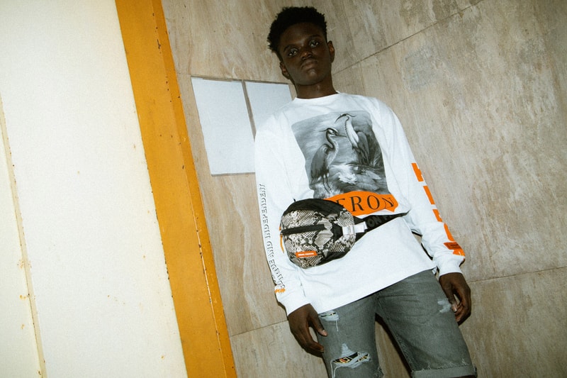 Heron Preston 2018年秋冬コレクションを紐解く HBX の最新エディトリアル ヴァージルやカニエも実力を認めた次世代ストリートの雄にフィーチャー SSENSE エッセンス Heron Preston ヘロン プレストン Kanye West カニエ・ウェスト Virgil Abloh ヴァージル・アブロー HBX ロングスリーブTシャツ アンクル丈ブーツ パイソンプリント ウエストバッグ ミリタリー ワーク HYPEBEAST ハイプビースト