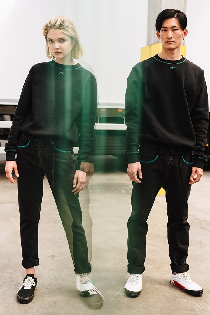 イタリアの気鋭ラグジュアリーブティック TheDoubleF が Off-White™ との別注アイテムをリリース ティールグリーンカラーの装飾でインラインとは異なる玄人好みのエッセンスを追加 Virgil Abloh ヴァージル・アブロー Off-White™ オフホワイト TheDoubleF ワークジャケット フーディ スウェット Tシャツ デニムパンツ ベルト ティールグリーン ステッチ プリント パイピング オンラインストア HYPEBEAST ハイプビースト