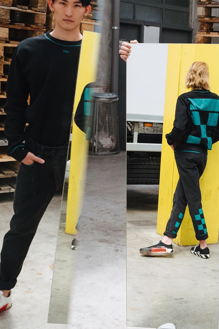 イタリアの気鋭ラグジュアリーブティック TheDoubleF が Off-White™ との別注アイテムをリリース ティールグリーンカラーの装飾でインラインとは異なる玄人好みのエッセンスを追加 Virgil Abloh ヴァージル・アブロー Off-White™ オフホワイト TheDoubleF ワークジャケット フーディ スウェット Tシャツ デニムパンツ ベルト ティールグリーン ステッチ プリント パイピング オンラインストア HYPEBEAST ハイプビースト