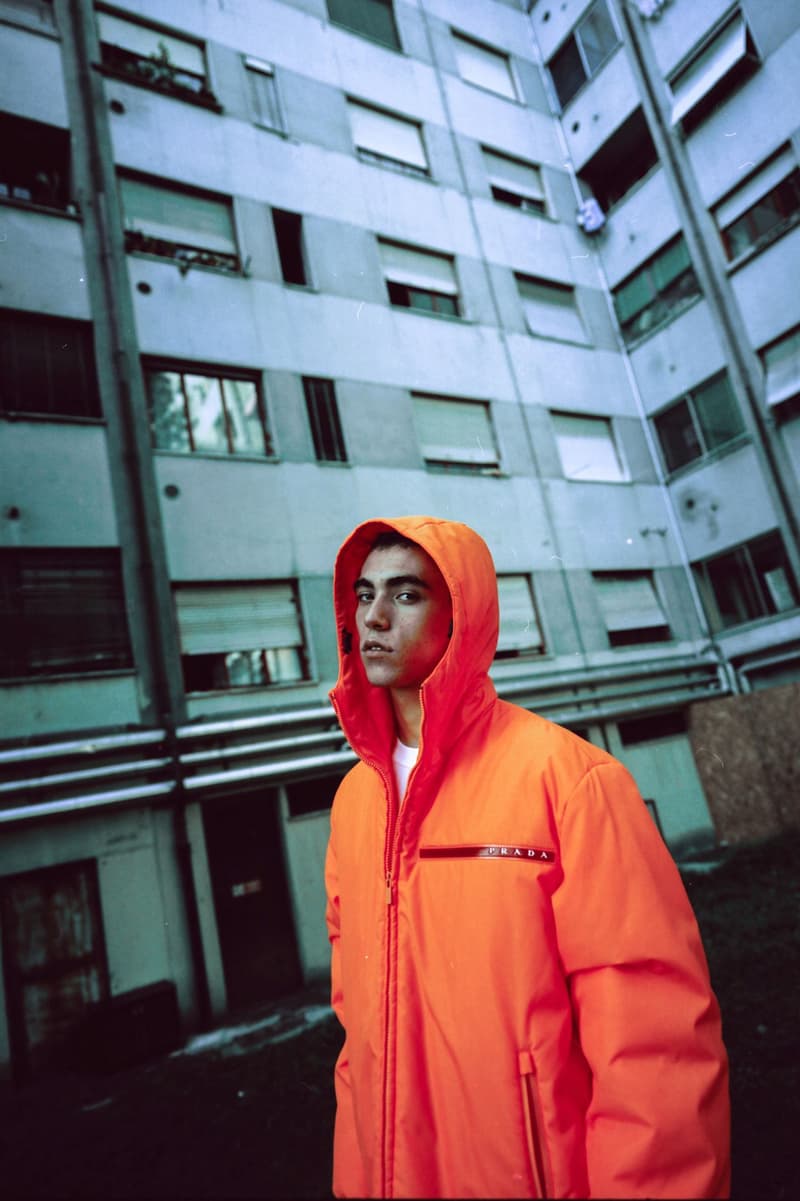 Prada Sports nss magazine linea rossa editorial fall winter 2018 sneakers white blue orange black tracksuit hoodie pants turtleneck logo