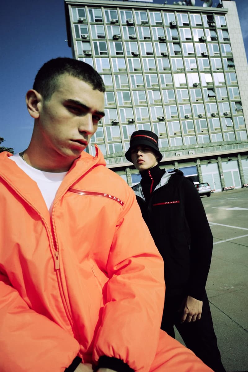 Prada Sports nss magazine linea rossa editorial fall winter 2018 sneakers white blue orange black tracksuit hoodie pants turtleneck logo